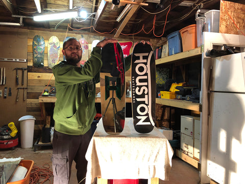 Artist Matt Brooks with the Houston Skateboards Coffin Skateboard Mirror