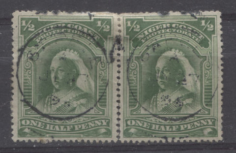 Deep bright green shade on the halfpenny Queen Victoria stamp from the Second Waterlow Issue of the Niger Coast protectorate