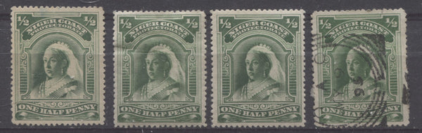 Deep green shades of the halfpenny Queen Victoria stamp from the Second Waterlow Issue of Niger Coast Protectorate