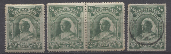 Emerald green shades of the halfpenny Queen Victoria stamp from the Second Waterlow Issue of the Niger Coast Protectorate