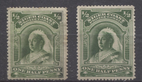 Sage green shades on the halfpenny green Queen Victoria stamp from the Second Waterlow Issue of the Niger Coast Protectorate
