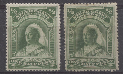 Deep yellow green shades of the halfpenny Queen Victoria stamp from the Second Waterlow Issue of Niger Coast Protectorate