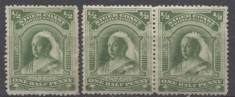 Yellow green shades of the halfpenny Queen Victoria stamp from the Second Waterlow Issue of Niger Coast Protectorate