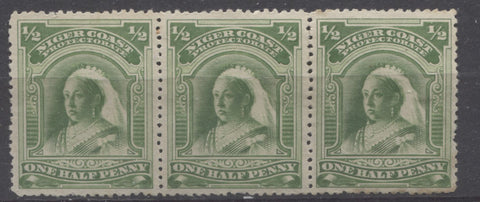 The pale bright yellow green shade on the halfpenny Queen Victoria stamp from the second Waterlow Issue of the Niger Coast Protectorate