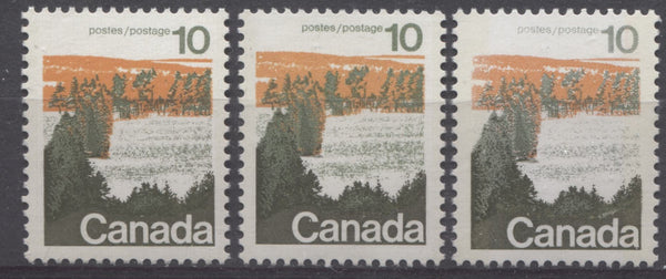 Three shades of the 10c type 1 forest stamp from the 1972-1978 Caricature issue of Canada