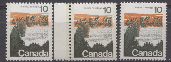 Three shades on the 10c type 2 forest stamps from the 1972-1978 Caricature issue of Canada