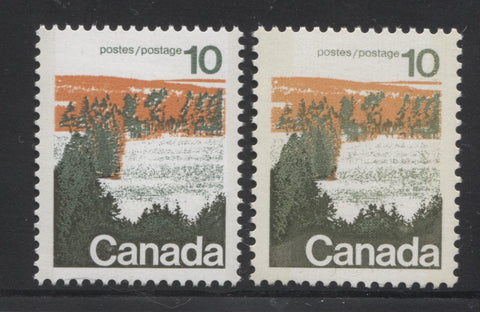 Type 1 and 2 examples of the 10c Forests stamp of the 1972-1978 Caricature Issue of Canada