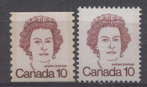 Two shades of carmine on the 10c Queen Elizabeth II stamp from the 1972-1978 Caricature Issue of Canada