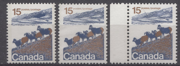 Three shades of the 15c Mountain Sheep stamp from the 1972-1978 Caricature Issue of Canada