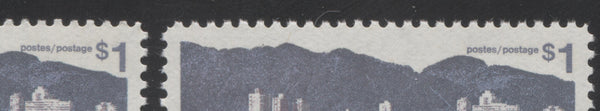 The normal and short dollar flaw on the $1 vancouver stamp from the 1972-1978 Caricature Issue of Canada