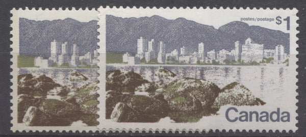 Two shades of the $1 vancouver stamp perf. 12.5 x 12 from the 1972-1978 Caricature Issue of Canada
