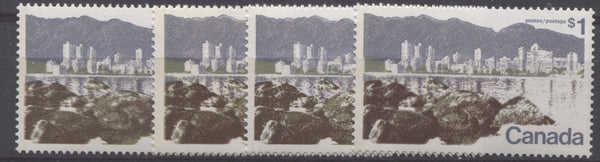 Four shades of the perf. 13.3 $1 vancouver stamp from the 1972-1978 Caricature issue of Canada