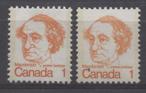 Two shades of orange on the CBN printed 1c John A Macdonald stamps from the 1972-1978 Caricature Issue of Canada