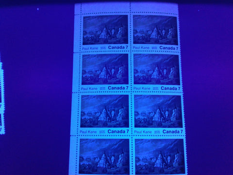 Block of 8 of the 1971 Paul Kane stamp of Canada showing different levels of fluorescence