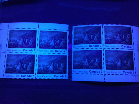 High fluorescent and medium fluorescent paper on the 1971 Paul Kane Stamp of Canada