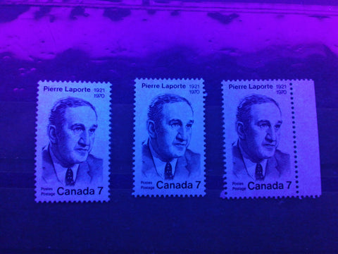 Three varieties of the fluorescent paper on the 1971 Pierre Laporte Stamp of Canada