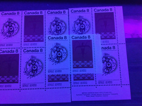 Three varieties of low fluorescent paper on the 1972 Plains Indians stamps of Canada as seen from the front