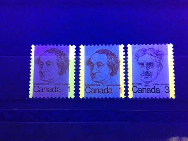 tagging bars on the 1c and 3c Macdonald and Borden stamps of the 1972-1978 Caricature Issue of Canada