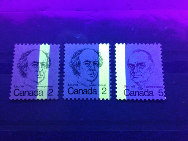 1-Bar tagging errors seen on the 2c Laurier and 5c Bennett stamps from the 1972-1978 Caricature Issue of Canada