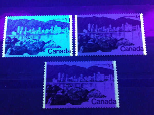 Three different tagging types on the $1 Vancouver stamp from the 1972-78 Caricature Issue of Canada