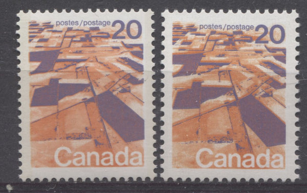 Two shades of the 20c Prairies stamp from the 1972-1978 Caricature Issue of Canada