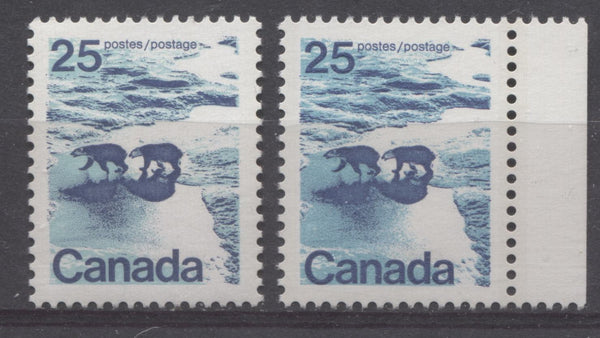 Two shades of the 25c type 1 Polar Bears stamp from the 1972-1978 Caricature Issue of Canada