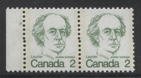 Perforation join on a pair of the 2c Laurier Stamp from the 1972-1978 Caricature Issue of Canada