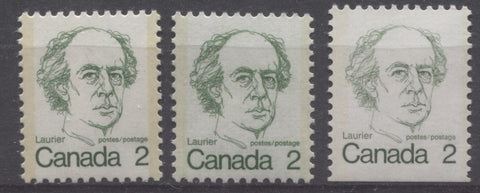 Three shades of green on the 2c Laurier stamps from the 1972-1978 Caricature Issue of Canada