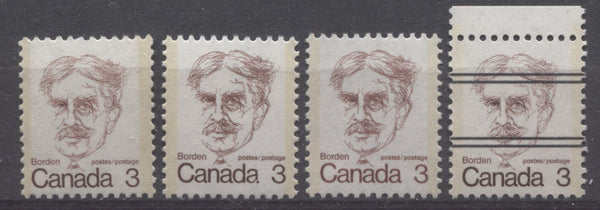 Four shades of the maroon 3c Robert Borden stamp from the 1972-1978 Caricature Issue of Canada