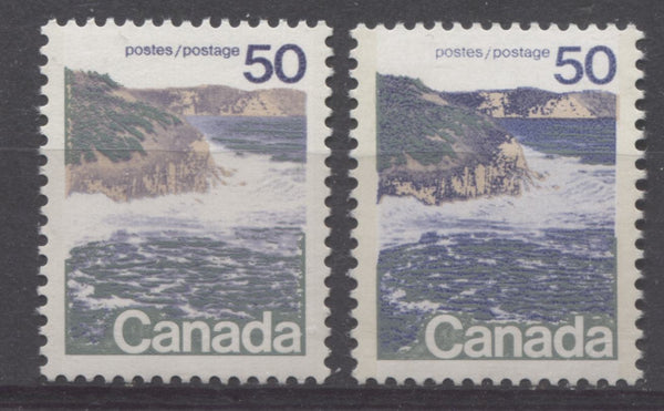 Two shades of the perf. 12.5 x 12 50c seashore stamp from the 1972-1978 Caricature issue of Canada