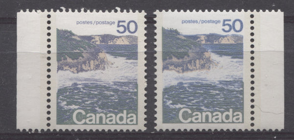 Two shades of the perf. 13.3 type 2 50c seashore stamp from the 1972-1978 Caricature issue of Canada