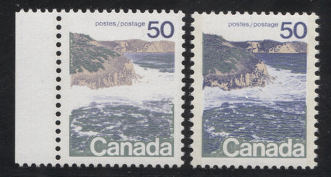 Types 1 and 2 on the 50c seashore stamp from the 1972-1976 Caricature Issue of Canada