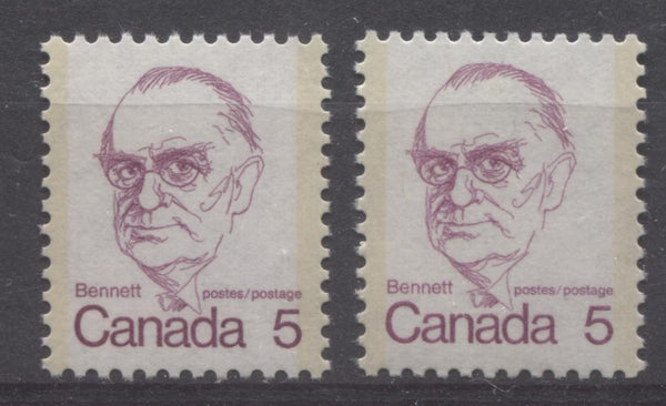 Two shades of rose-lilac on the 5c Bennett stamp from the 1972-1978 Caricature Issue of Canada