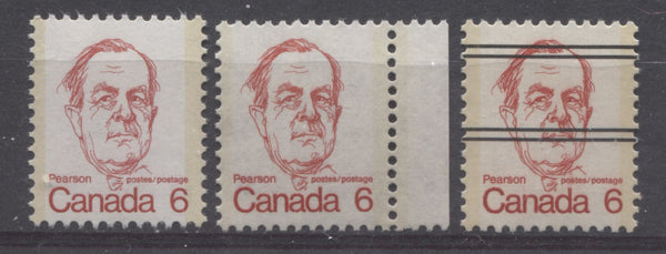 Three shades of scarlet on the 6c Pearson stamp from the 1972-1978 Caricature Issue of Canada