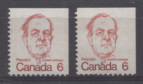 Two shades of carmine-red on the 6c pearson booklet stamps from the 1972-1978 Caricature issue of Canada