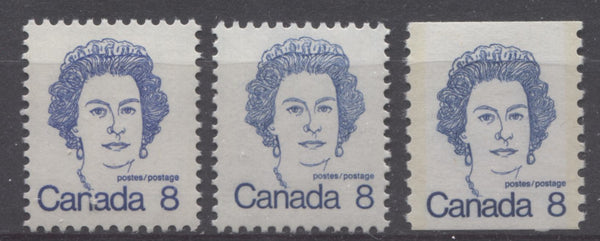 Three shades of blue on the 8c Queen Elizabeth II stamp from the 1972-1978 Caricature Issue of Canada