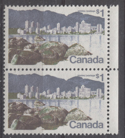 A right field stock pair of the $1 Vancouver from the 1972-1978 Caricature Issue showing the line 11 perforation