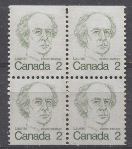 A booklet pane block of 2c Laurier stamps from the 1972-78 Caricature Issue showing double strikes of the comb perforator at the top