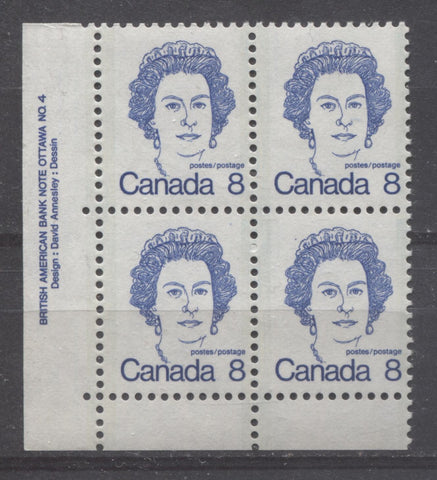 Lower left plate block of the 8c Queen Elizabeth II stamp from the 1972-1978 Caricature Issue of Canada showing a single extension hole at the left selvage