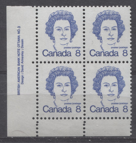 Lower left plate block of the 8c Queen Elizabeth II stamp from the 1972-1978 Caricature Issue showing two comb strikes in the bottom selvage