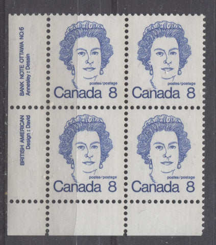 Lower left plate 6 block of the 8c Queen Elizabeth II stamp from the 1972-1978 Caricature Issue showing two comb strikes at the very bottom of the block