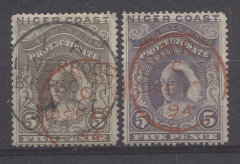 Benin River Cancellations on the 5d Queen Victoria stamp from the 1894 Waterlow Issue of Niger Coast Protectorate