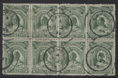 Sapelle CDS on a block of 8 halfpenny Queen Victoria Stamps from the second Waterlow Issue of Niger Coast Protectorate