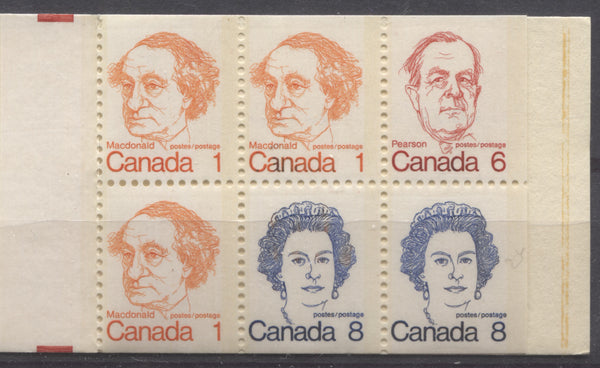 25c booklet from the 1972-1978 Caricature Issue of Canada showing ink migration onto other stamps
