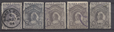 Brass River cancellations on the 5d Queen Victoria stamp from the 1894 Waterlow Issue of Niger Coast Protectorate