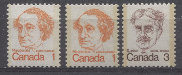 Light, moderate and Dark tagging on the 1c and 3c Macdonald and Borden stamps of the 1972-78 Caricature Issue of Canada