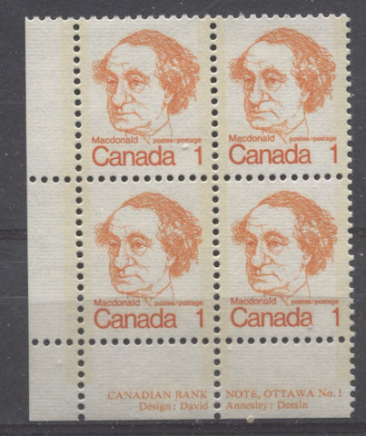 Lower left plate block of the 1c Macdonald stamp from the 1972-1978 Caricature Issue of Canada showing selvage perforated through