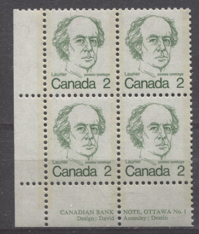 Lower left plate block of the 2c Laurier stamp of the 1972-1978 Caricature issue of Canada, showing short perforated selvage at left
