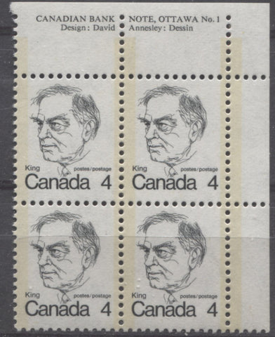 An upper right plate block of the 4c King from the 1972-1978 Caricature Issue showing short-perforated selvage at the top
