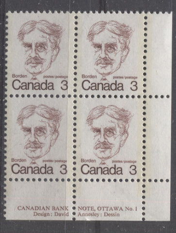 Lower right plate block of the 3c Borden Stamp from the 1972-78 Caricature issue of Canada showing two comb strikes at the bottom